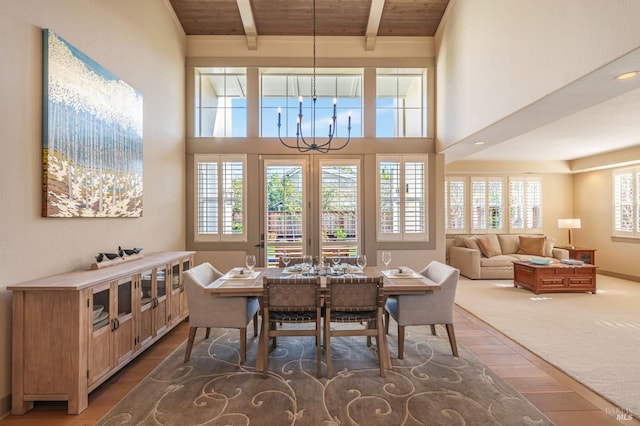 dining area featuring wooden ceiling, wood finished floors, a notable chandelier, and beamed ceiling