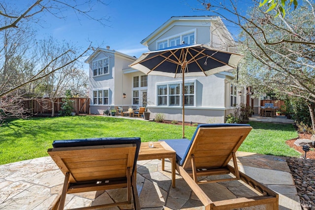 back of house featuring a patio, fence, and stucco siding