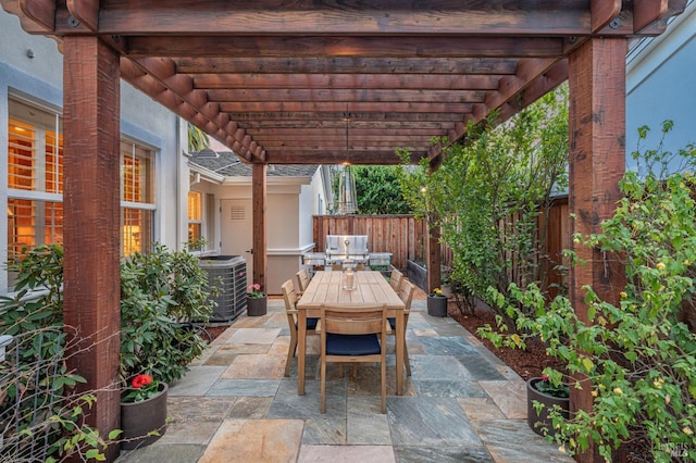 view of patio featuring cooling unit, a fenced backyard, a pergola, and outdoor dining area