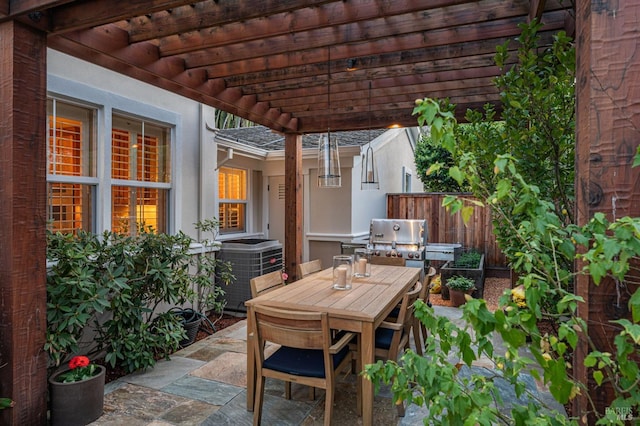 view of patio featuring fence, a grill, outdoor dining space, cooling unit, and a pergola