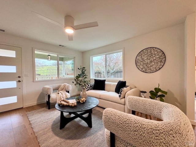 2131 1st Ave, Napa, CA 94558 - living room with visible vents, baseboards, ceiling fan, and hardwood / wood-style flooring