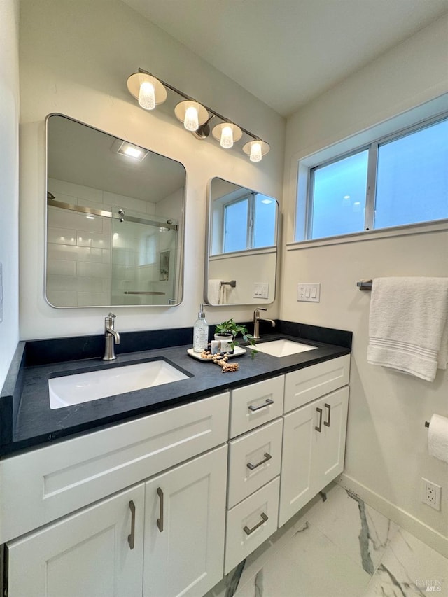 2131 1st Ave, Napa, CA 94558 - full bath with double vanity, a stall shower, marble finish floor, and a sink