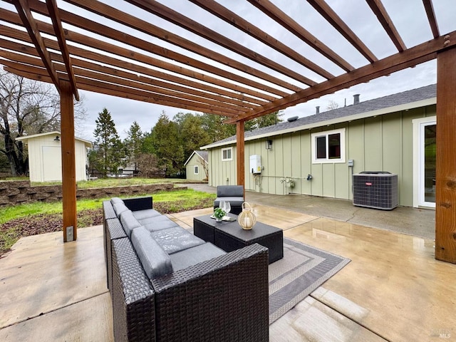 2131 1st Ave, Napa, CA 94558 - view of patio featuring central AC unit, a pergola, an outdoor structure, a storage shed, and an outdoor hangout area