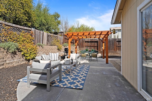 view of patio featuring outdoor lounge area, outdoor dining space, a fenced backyard, and a pergola