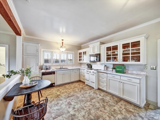 kitchen featuring glass insert cabinets, light countertops, ornamental molding, white appliances, and a sink