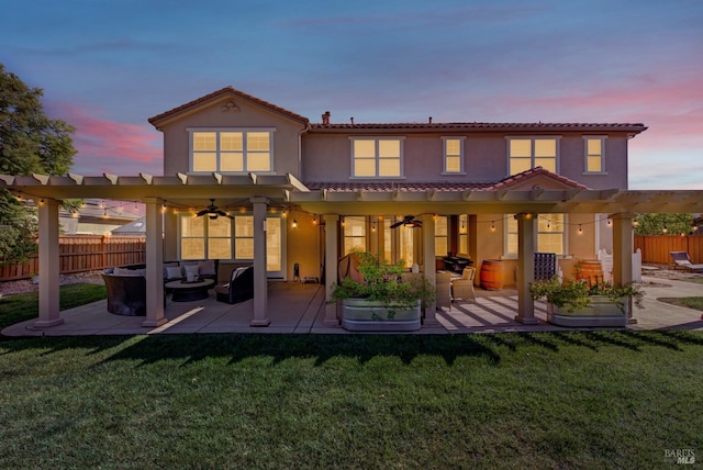 830 Elderberry Loop, Vacaville, CA 95688 - rear view of property featuring outdoor lounge area, stucco siding, a ceiling fan, and a pergola