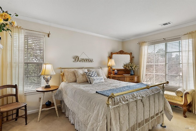 bedroom featuring ornamental molding, multiple windows, and carpet flooring