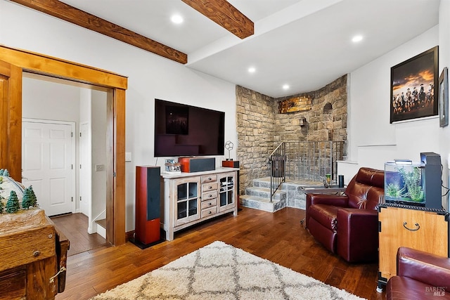 living area featuring beamed ceiling, recessed lighting, and wood-type flooring