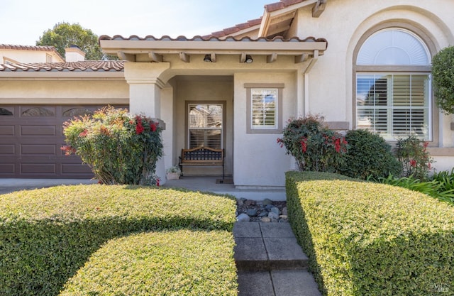 view of exterior entry with stucco siding, an attached garage, and a tile roof