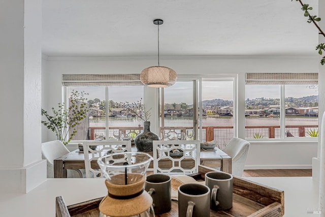 835 S Eliseo Dr, Greenbrae, CA 94904 - dining space featuring wood finished floors, ornamental molding, and a water view