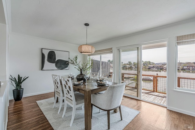 835 S Eliseo Dr, Greenbrae, CA 94904 - dining area featuring crown molding, wood finished floors, and a water view