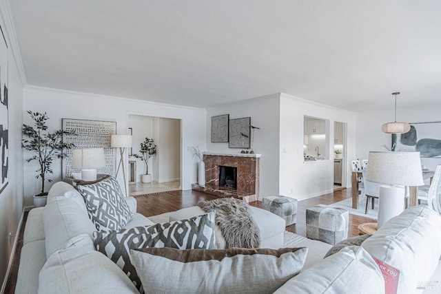 835 S Eliseo Dr, Greenbrae, CA 94904 - living room with wood finished floors, a premium fireplace, and ornamental molding