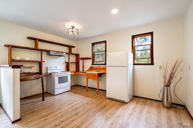 27821 Ten Mile Rd, Point Arena, CA 95468 - kitchen featuring open shelves, white appliances, light wood-style floors, under cabinet range hood, and a sink