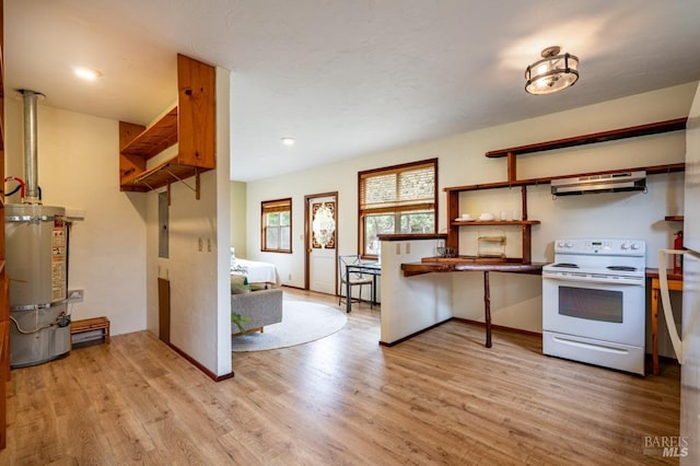 27821 Ten Mile Rd, Point Arena, CA 95468 - kitchen with light wood-type flooring, open shelves, white electric stove, and secured water heater