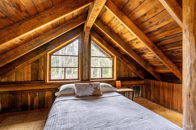 27821 Ten Mile Rd, Point Arena, CA 95468 - bedroom with wood ceiling, lofted ceiling with beams, and wood walls