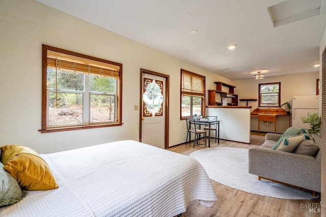 27821 Ten Mile Rd, Point Arena, CA 95468 - bedroom with freestanding refrigerator, recessed lighting, a sink, and wood finished floors