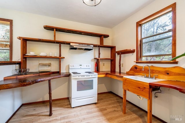 27821 Ten Mile Rd, Point Arena, CA 95468 - kitchen featuring open shelves, a sink, white electric range oven, under cabinet range hood, and light wood-style flooring