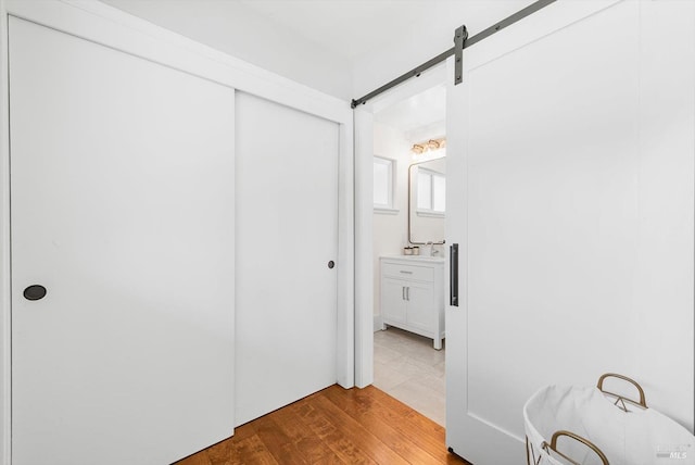 hall featuring wood finished floors and a sink