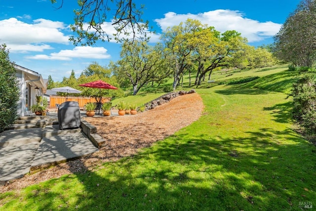 view of home's community featuring fence, a yard, and a patio