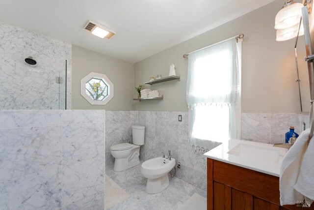 701 W Clay St, Ukiah, CA 95482 - bathroom featuring vanity, tile walls, toilet, a bidet, and walk in shower