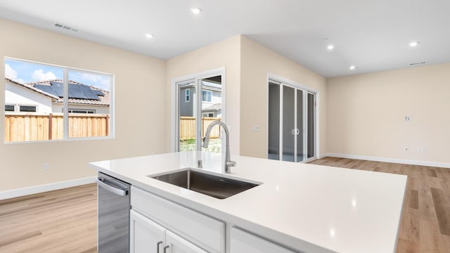 kitchen featuring a sink, white cabinetry, light wood-type flooring, stainless steel dishwasher, and visible vents
