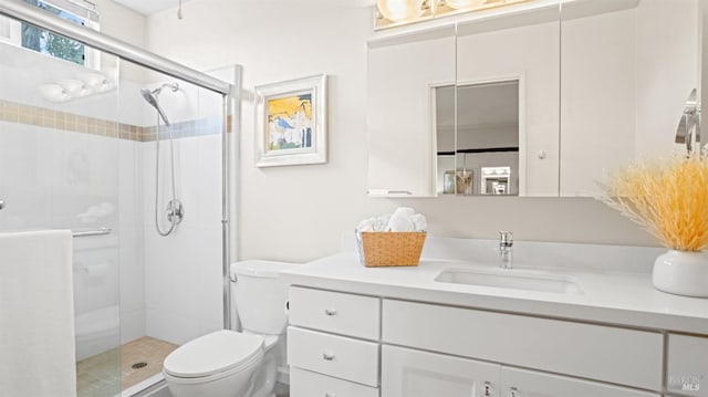 bathroom featuring toilet, a stall shower, and vanity