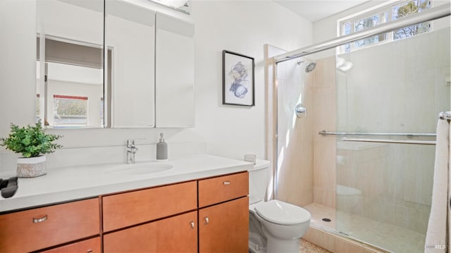 bathroom featuring vanity, toilet, and a stall shower
