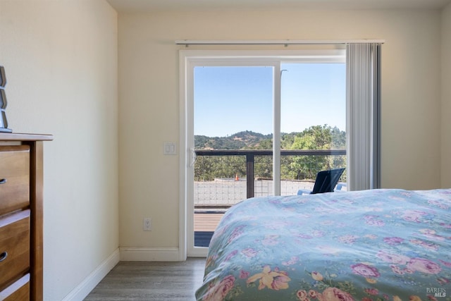 bedroom featuring access to exterior, wood finished floors, and baseboards