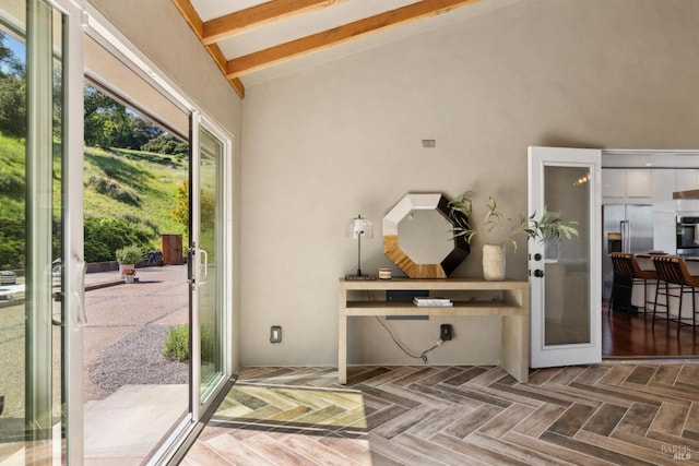 4127 Dry Creek Rd, Napa, CA 94558 - doorway with beam ceiling, high vaulted ceiling, and french doors
