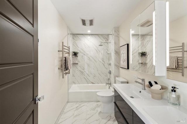 4127 Dry Creek Rd, Napa, CA 94558 - full bath featuring a towel warmer, toilet, bathing tub / shower combination, double vanity, and recessed lighting