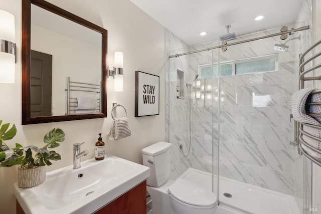 full bathroom with vanity, recessed lighting, a marble finish shower, and toilet