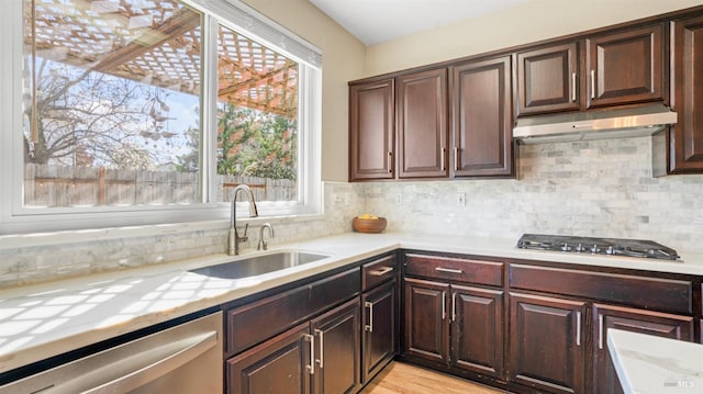 kitchen featuring dark brown cabinets, backsplash, under cabinet range hood, stainless steel appliances, and a sink
