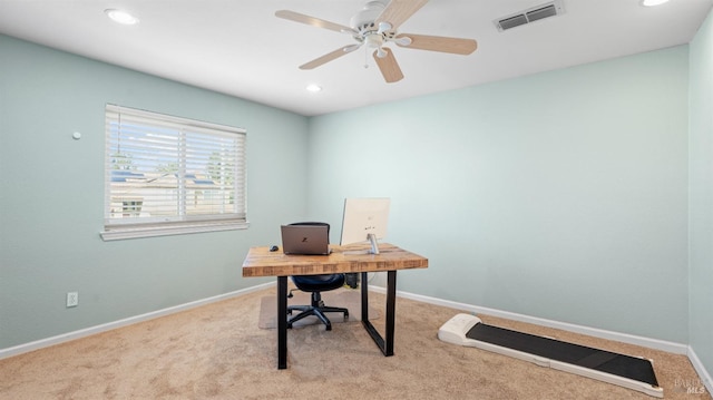 office with baseboards, visible vents, recessed lighting, ceiling fan, and carpet flooring