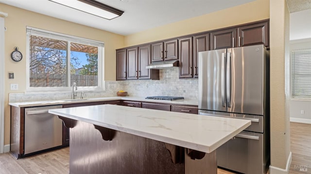 kitchen with under cabinet range hood, light wood-style flooring, stainless steel appliances, and tasteful backsplash