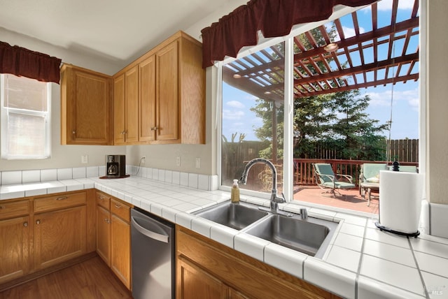 kitchen featuring dishwasher, wood finished floors, and a sink