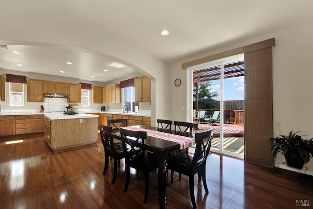dining area with a wealth of natural light, arched walkways, and dark wood-type flooring