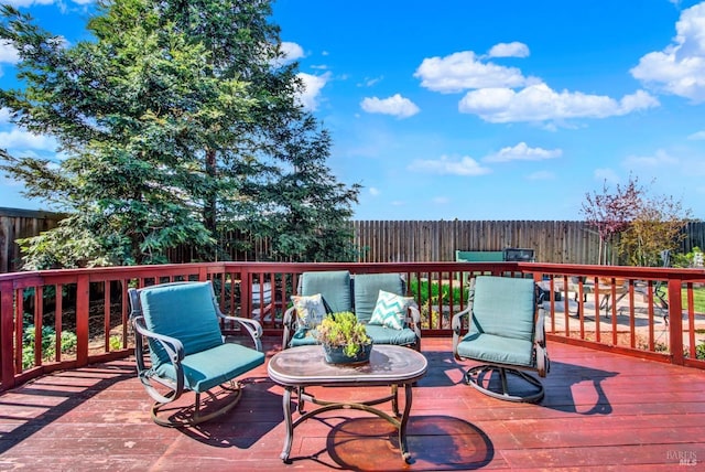 wooden terrace featuring a fenced backyard