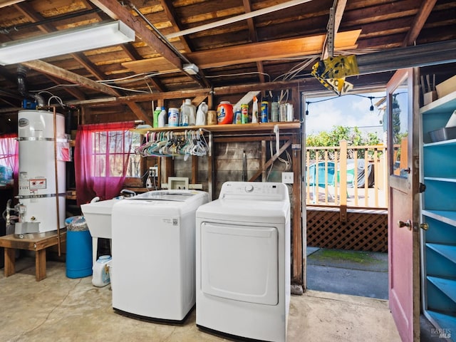 laundry room with laundry area, water heater, and washer and clothes dryer