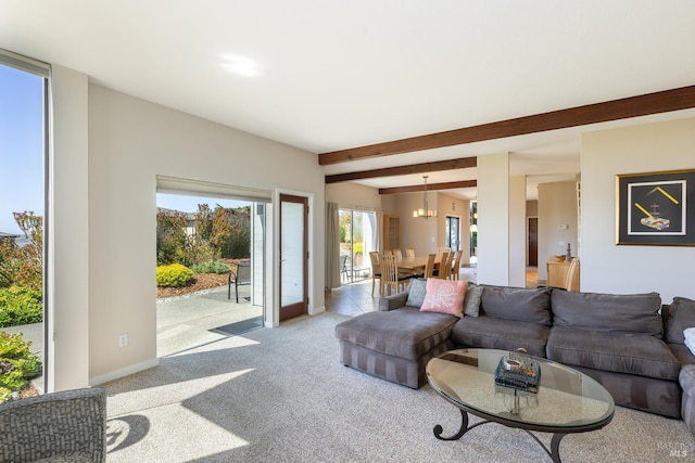 living room featuring beamed ceiling, baseboards, a notable chandelier, and carpet flooring