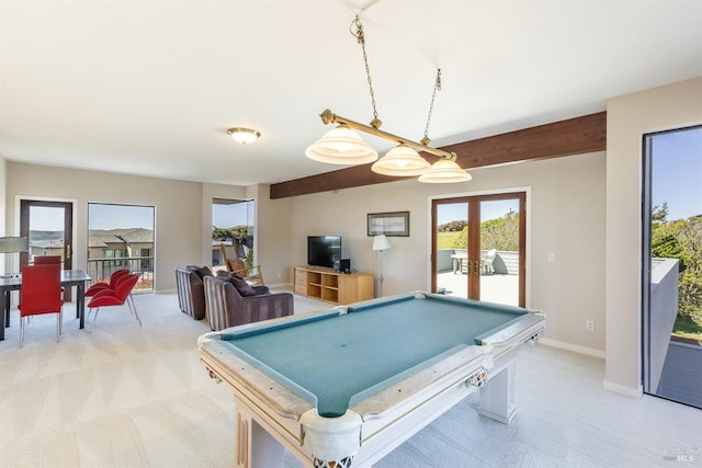 rec room with billiards, french doors, baseboards, and light carpet