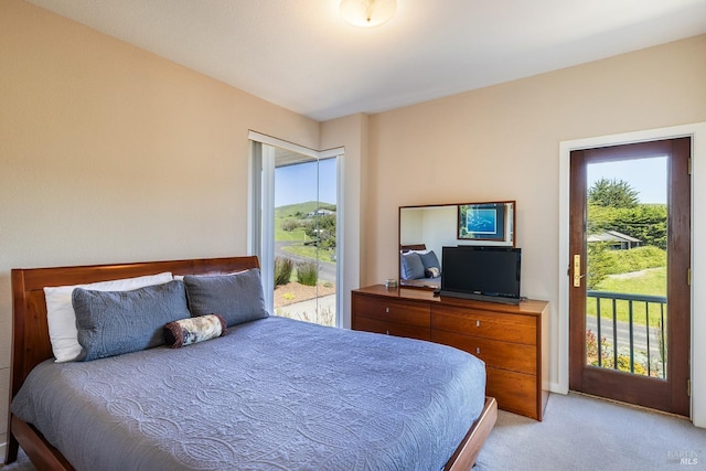 bedroom featuring light carpet and access to exterior