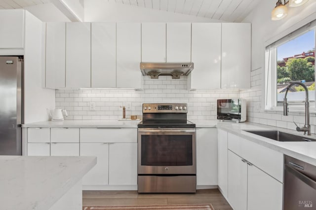 kitchen featuring a sink, under cabinet range hood, stainless steel appliances, decorative backsplash, and vaulted ceiling