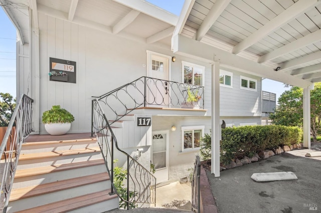 property entrance with board and batten siding