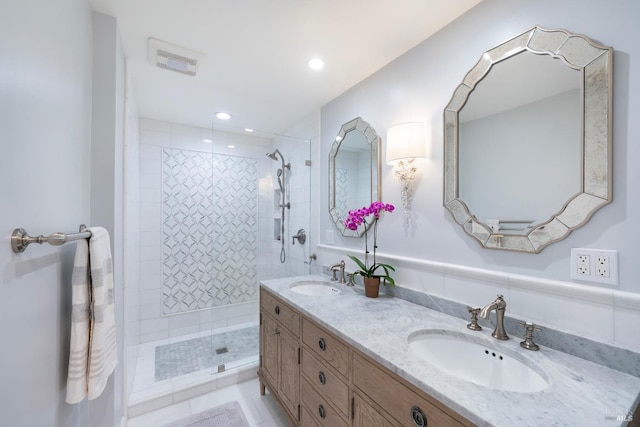 603 Sunnyside Rd, Saint Helena, CA 94574 - full bathroom featuring double vanity, a sink, tiled shower, and visible vents