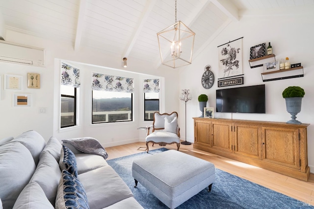 603 Sunnyside Rd, Saint Helena, CA 94574 - living area with a wall unit AC, lofted ceiling with beams, baseboards, a chandelier, and light wood-style flooring