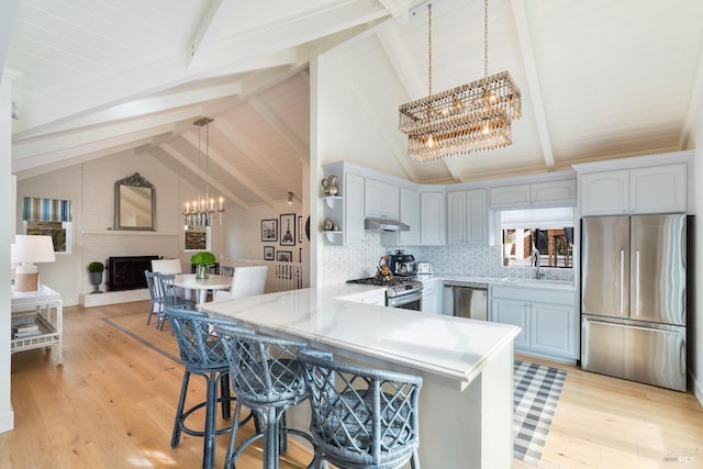 603 Sunnyside Rd, Saint Helena, CA 94574 - kitchen with a notable chandelier, backsplash, light wood finished floors, a kitchen breakfast bar, and appliances with stainless steel finishes