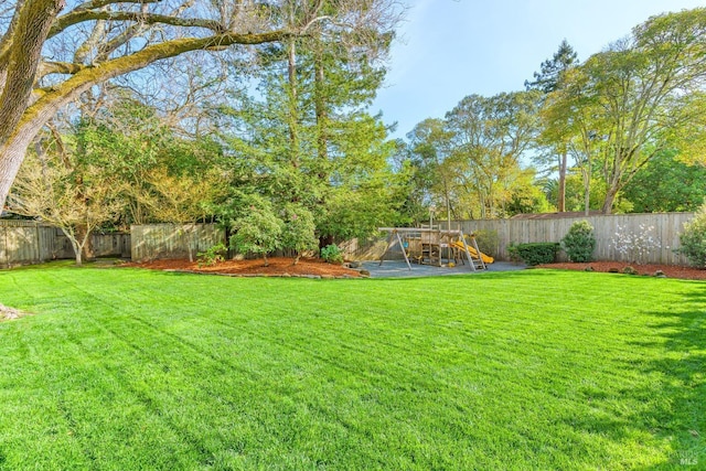 view of yard featuring a playground and a fenced backyard