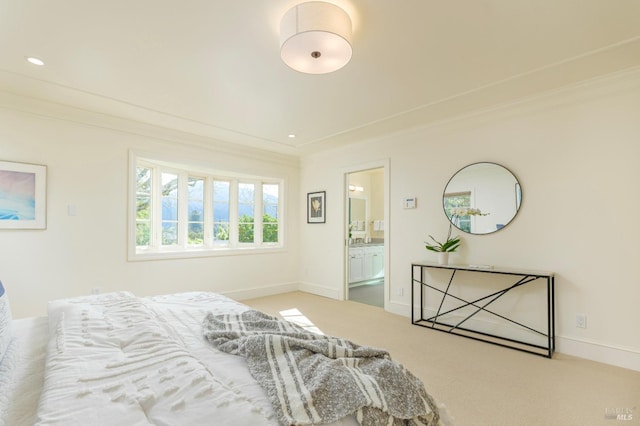 bedroom featuring recessed lighting, crown molding, baseboards, and carpet floors