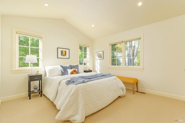 bedroom with vaulted ceiling, recessed lighting, carpet, and baseboards