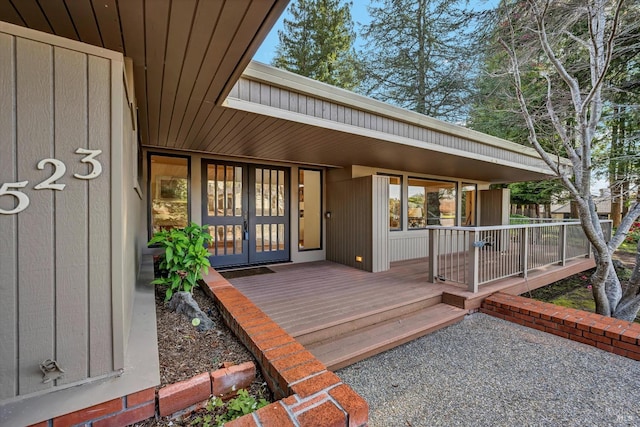 wooden terrace featuring french doors